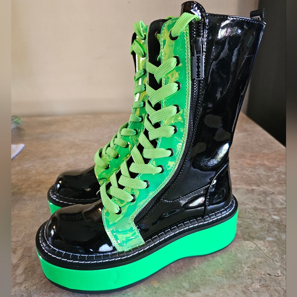 Demonia Emily 350 Neon Green UV Reactive Wrapped Platform MidCalf Lace-up size 7 - Picture 5 of 10